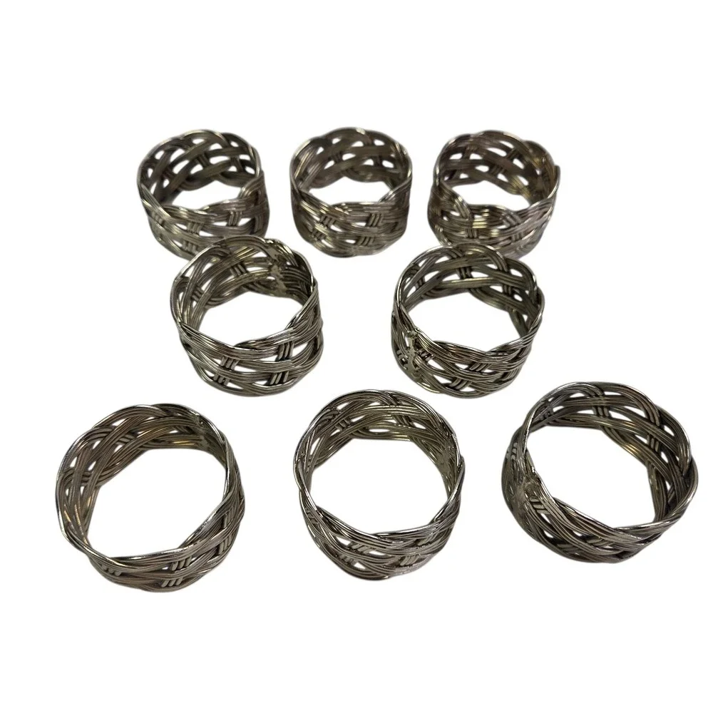 Napkin Rings Set of 8 Metal Woven Braided Holders Silver Tone Dinner Luncheon
